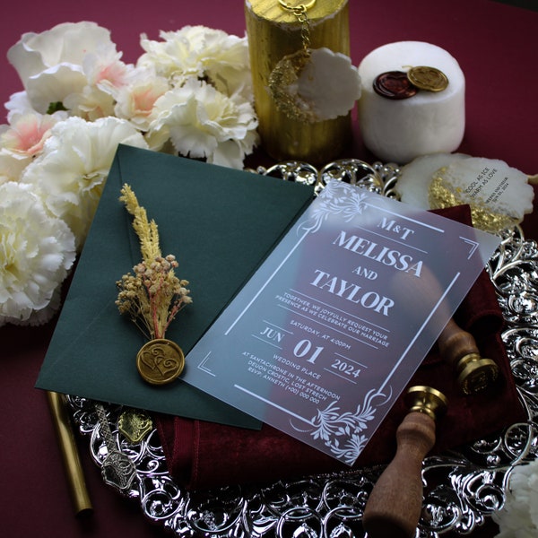Wedding invitations sets green  | Acrylic invitation sweet 16 | Quinceanera invites set | Clear invitations with gold | Wedding invites set