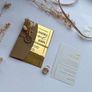 Mirror Gold Acrylic Wedding Invitation: Luxury Invitation Suite with RSVP Card, Wedding Details Insert and Floral Lined Envelope Package 3