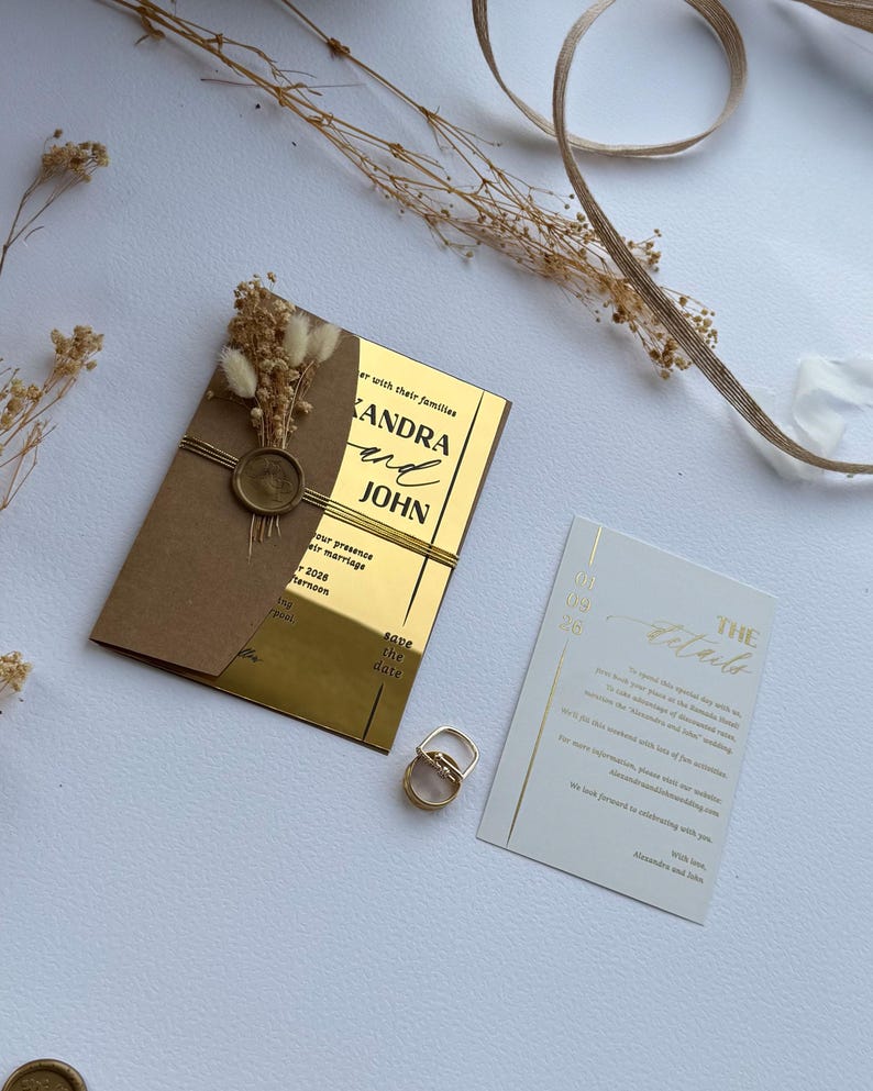 Mirror Gold Acrylic Wedding Invitation: Luxury Invitation Suite with RSVP Card, Wedding Details Insert and Floral Lined Envelope Package 3