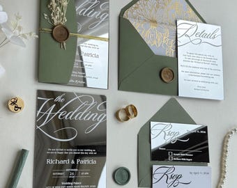 Luxury Silver Acrylic Wedding Invitation Suite: Mirror Finish Invite with RSVP & Details Card, Sage Green Envelope