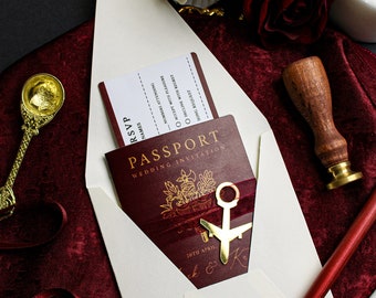 Invitación de boda con pasaporte con sello de cera, Invitación de boda con pasaporte Borgoña - Invitación de boda con pasaporte Destino