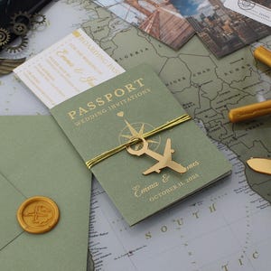 Hochzeitspass -Einladung mit Wachssiegel, Hochzeitseinladung Pass Burgund - Hochzeitseinladung Reisepass Ziel
