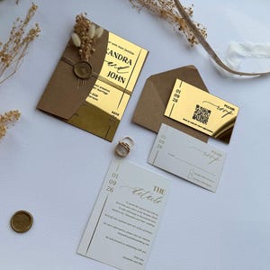 Mirror Gold Acrylic Wedding Invitation: Luxury Invitation Suite with RSVP Card, Wedding Details Insert and Floral Lined Envelope Package 4