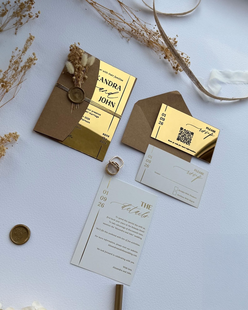 Mirror Gold Acrylic Wedding Invitation: Luxury Invitation Suite with RSVP Card, Wedding Details Insert and Floral Lined Envelope Package 4