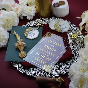 Elegant acrylic wedding invitation with gold foil accents   | Quince invitation emerald green clear  | Elegant wedding invitation set