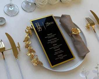 Black Acrylic Wedding Menu with Gold Foil | Custom Luxury Reception Menu Card