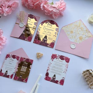 Quinceañera Invitation Set: Blush Pink Floral Gold Acrylic Arch Invite with RSVP & Details Card