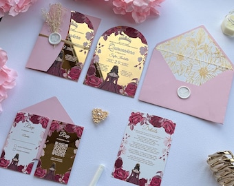 Quinceañera Invitation Set: Blush Pink Floral Gold Acrylic Arch Invite with RSVP & Details Card