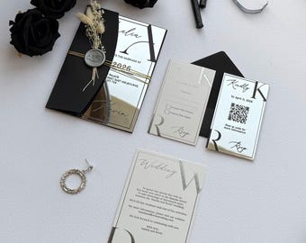 Mirror Acrylic Wedding Invitation: Black and Silver Suite with RSVP Card, Details Insert and Envelope