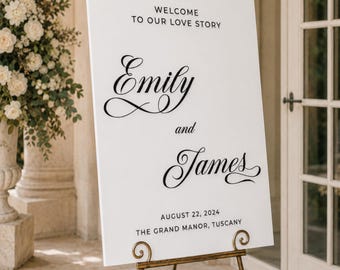 White Acrylic Wedding Welcome Sign, Custom Personalized Wedding Board, Names Date & Venue, Elegant Ceremony Reception Decor