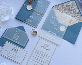 Frosted Acrylic Wedding Invite with Dusty Blue Envelope, Minimalist Luxury Wedding Invitation
