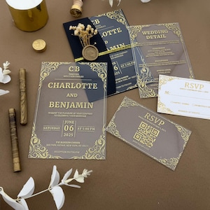 Conjunto de convites de casamento em acrílico com folha dourada: convite elegante e transparente
