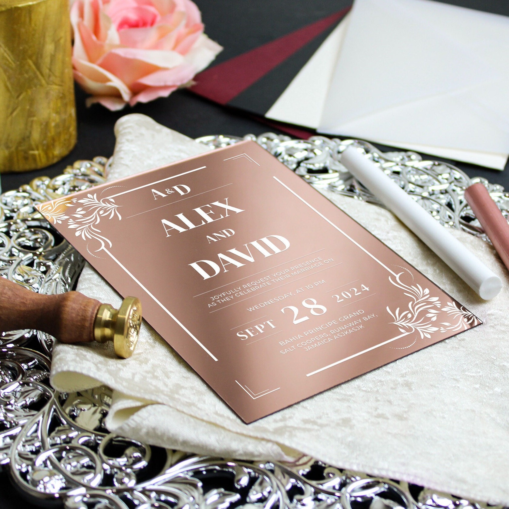 Rose gouden bruiloft uitnodiging, uitnodigingen voor een feest, aangepaste uitnodigingen, uitnodiging quinceanera, acryl uitnodiging voor bruiloft