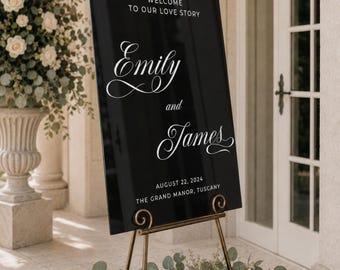 Black Acrylic Wedding Welcome Sign, Personalized Wedding Entrance Board, Custom Names Date & Venue, Elegant Reception Decor