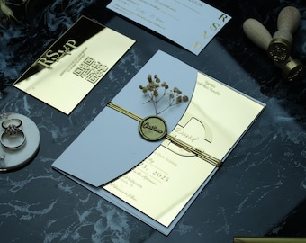 Acrylic Wedding Invitations Gold Foil Printing, Rustic Wedding Invitations, Wax Seal Wedding Invitation, Wedding Invitations Sets Rustic