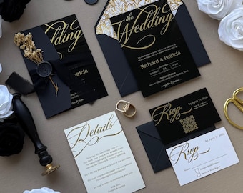 Black Acrylic Wedding Invitation with Gold Foil, Black Ribbon Envelope Set, Luxury Modern Wedding Invite Suite