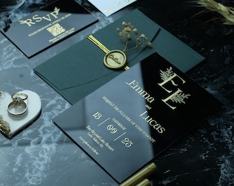 Acrylic Wedding Invitation Set: Elegant Gold Foil, RSVP QR Code