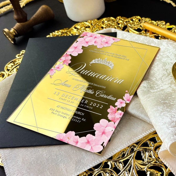 Gold acrylic mirror quincenera invitation, Sweet 16 acrylic invitation, Sweet 16 Invitation, Acrylic Mexican Quinceañera,customixe wedding