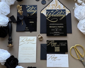 Modern Black Acrylic Gold Foil Wedding Invitation Set with Black Ribbon Envelope, Luxury Elegant Wedding Stationery