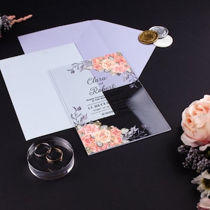 Invitación de boda acrílica con juego de sellos de cera, 20 opciones diferentes de sobres de invitación, invitación personalizada completa