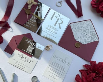 Mirror Silver Acrylic Wedding Invitation – Luxury 2mm Invitation Suite with Envelopes, QR RSVP & Details Card