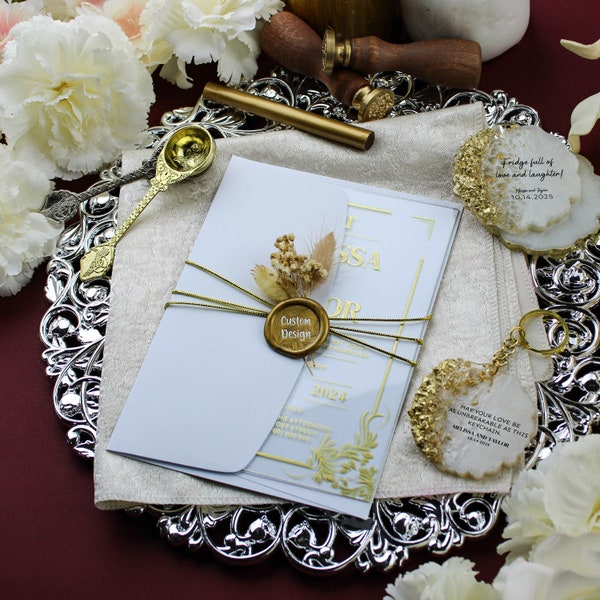 Acrylic Wedding Invitation With Rsvp | Wedding Invitation Set With Envelopes  | Gold Acrylic Invitation | Elegant Wedding Invitation Suite