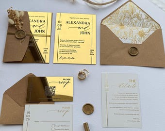 Mirror Gold Acrylic Wedding Invitation: Luxury Invitation Suite with RSVP Card, Wedding Details Insert and Floral Lined Envelope