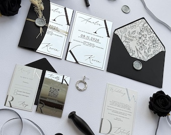 Silver Invitation: Luxury Acrylic Wedding Invitation with Wedding Envelopes, Elegant Invitation Set