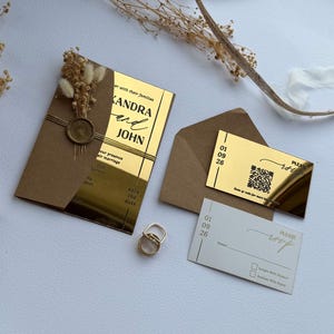 Mirror Gold Acrylic Wedding Invitation: Luxury Invitation Suite with RSVP Card, Wedding Details Insert and Floral Lined Envelope Package 2