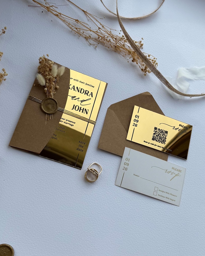 Mirror Gold Acrylic Wedding Invitation: Luxury Invitation Suite with RSVP Card, Wedding Details Insert and Floral Lined Envelope Package 2