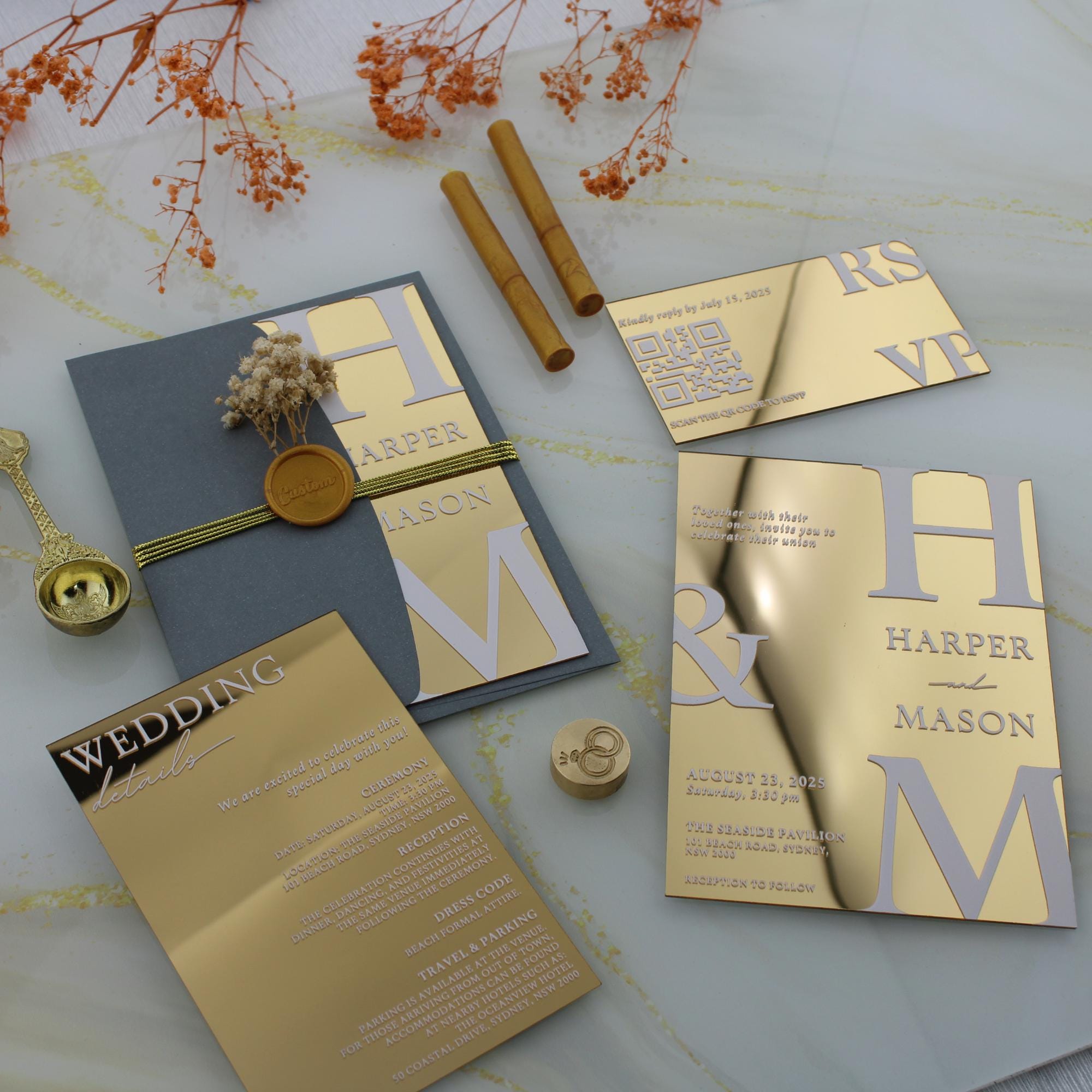 Gold Acrylic Wedding Invitation: Modern Foil Details