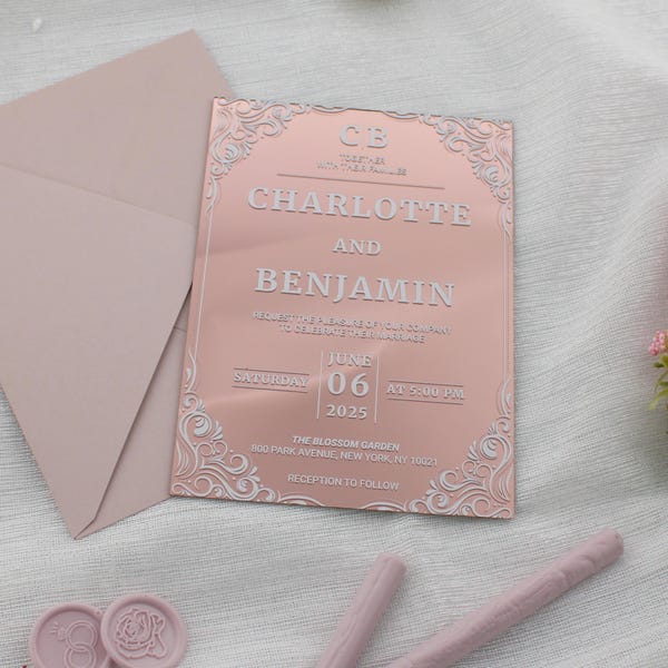 Acrylic Wedding Invitation: Custom Wax Seal, Gold Foil Quinceañera