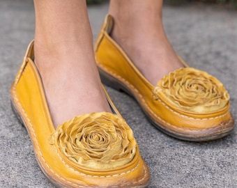 Artisan Leather Rosette Loafers Dezi L'Artiste Flats Mustard Yellow Plum EU 36/US 6