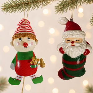 Vintage Weihnachtsmann in Strumpf Ornament & Hampelmann Elfe Puppet