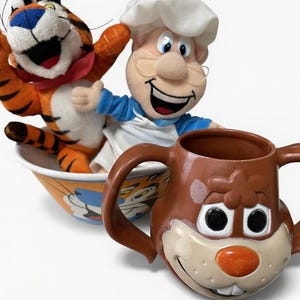 Vintage Cereal Mascots Frosted Flakes Tony Tiger Bowl Cinnamon Toast Crunch Quik Bunny Mug