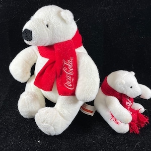 Coca-Cola - Christmas 4&quot; & 8&quot; White Polar Bear Plush with Red Holiday Scarf NEW Christmas Ornament