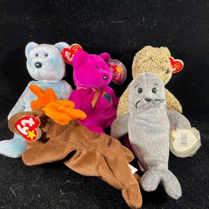 TY Beanie Babies Chocolate Moose Slippery Seal Millenium Bear Brown Harry Four Seasons Hotel Issy Boston