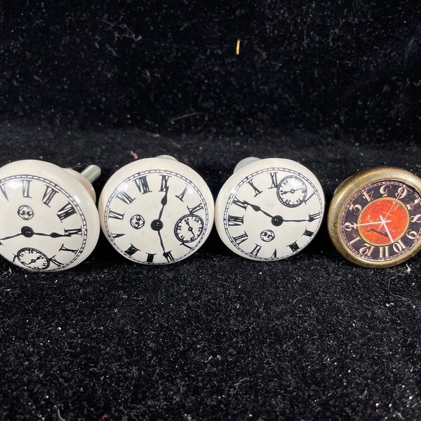 Set of 4 "Hatfield & Ross" Clock Watch Face Drawer Knob Pull White Black Ceramic metal handles