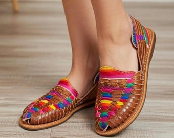 Woven Huarache Leather Flats Colorful Boho 90s Artisan Slip on Shoes (US Womens 6)