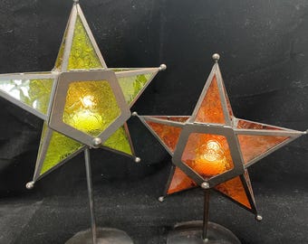 Portavelas vintage marroquí con forma de estrella, vidrio texturizado verde y naranja, juego de 2