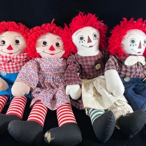 Vintage Cloth Knickerbocker Raggedy Ann And Andy Set 2 20&quot; Maroon Plaid Dolls blue red floral Classic look