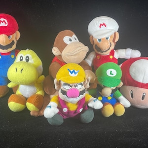 Super Nintendo Mario Bros. Brothers Mario Luigi Plush doll 8 in and 6 in Wario BD&A 1997 Mario Fire Donkey Kong Toad Yellow and Green Yoshi