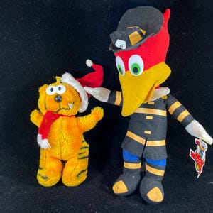 Vintage Woody Woodpecker Plush Stuffed Bird Cartoon 14 inch 1950's Fire Department Heathcliff Cat Santa Hat 1980's ABC TV Show