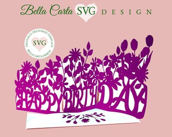Happy Birthday Flowers 3 Fold SVG Card Cut File for Cricut and Silhouette Cameo