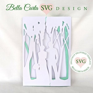 Bella Carta Design’s Forest Wedding SVG Gate Fold Invitation, RSVP Card Suite for Cricut and Silhouette Cutting Machines can be used for a rustic or traditional wedding.