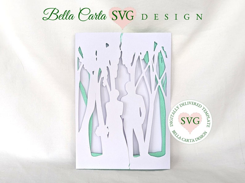 Bella Carta Design’s Forest Wedding SVG Gate Fold Invitation, RSVP Card Suite for Cricut and Silhouette Cutting Machines can be used for a rustic or traditional wedding.