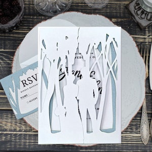 Bella Carta Design’s Forest Wedding SVG Gate Fold Invitation, RSVP Card Suite for Cricut and Silhouette Cutting Machines can be used for a rustic or traditional wedding.
