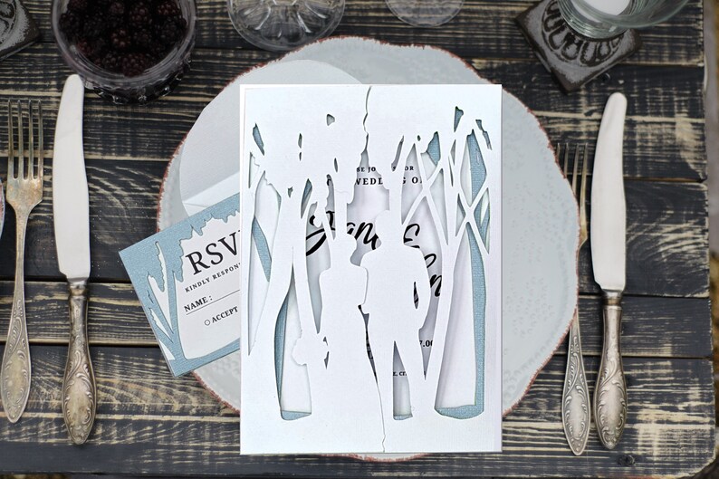 Bella Carta Design’s Forest Wedding SVG Gate Fold Invitation, RSVP Card Suite for Cricut and Silhouette Cutting Machines can be used for a rustic or traditional wedding.