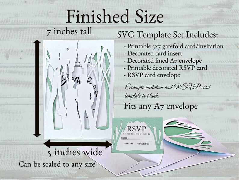 Blank 5X7-inch Card Insert, with forest decoration, which can be printed for invitations, Matching envelope with forest decoration, and envelope liner, Blank 3.5 X 5-inch RSVP Card, with forest decoration, RSVP card envelope