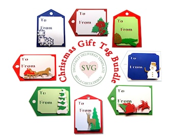 May include: A set of eight Christmas gift tags featuring various holiday themes, including a snowman, reindeer, a sleigh, and a Christmas tree. The tags are designed with a "To" and "From" section and are ready to be personalized.